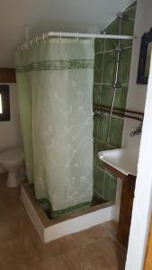łazienka z zasłoną prysznicową i umywalką w obiekcie Valchid Guest House w mieście Valchid