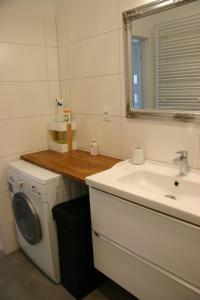 a bathroom with a washing machine and a sink at Apartament zielony in Konin