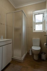 uma casa de banho com um chuveiro, um WC e uma janela. em Quinta da Cidade em Ponta Delgada