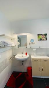 uma casa de banho com um lavatório e um espelho em Moderne Wohnung im Rhein-Main-Gebiet em Idstein