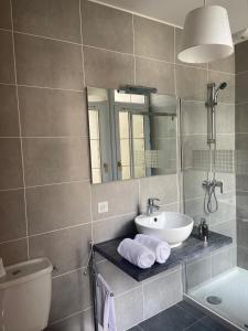 een badkamer met een wastafel, een toilet en een spiegel bij La Villa B in Cholet