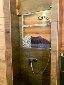 a shower in a bathroom with a picture of a mountain at Lengalm Hütten I & II mit Sauna in Lengdorf