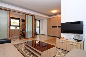 a living room with a flat screen tv and a couch at Luxury apartment by the park / Arch of Triumph in Bucharest