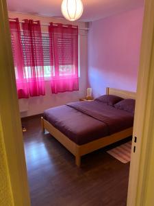 a bedroom with pink curtains and a bed in a room at Appartemment 2 EuroAirport Basel-Mulhouse-Freiburg in Saint-Louis