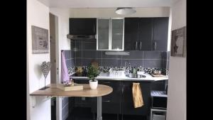 a kitchen with a sink and a table in it at Joli studio SCANDINAVE in Milly-la-Forêt