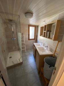 a bathroom with a shower and a sink and a mirror at Appartement cosy Sérignan in Sérignan