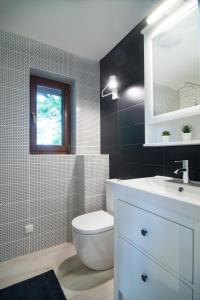 a bathroom with a toilet and a sink and a mirror at Kameralny domek Kazimierzówka in Kazimierz Dolny