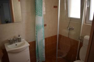 een badkamer met een douche, een wastafel en een toilet bij Apartmani Katica in Novalja