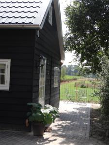 ein schwarzes Haus mit einer Topfpflanze davor in der Unterkunft The Green Cottage in Ruinen