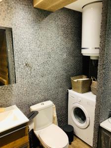 een badkamer met een toilet en een wasmachine bij duplex en plein centre d'Auron déco chalet cosy in Saint-Étienne-de-Tinée