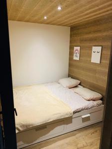 1 dormitorio con 1 cama en una habitación en duplex en plein centre d'Auron déco chalet cosy, en Saint-Étienne-de-Tinée