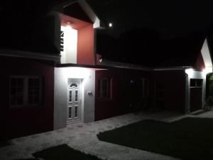 a house at night with a white door at Studio Ivana 1 in Soko Banja