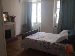 a bedroom with a bed and a fireplace at Les Oiseaux de Passage in Saint-Gaultier