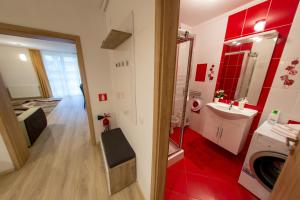 baño rojo con lavabo y lavadora en Terezianum Apartments, Free Parking, en Sibiu 70 fotos más