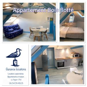 un collage de trois photos d'une chambre avec un lit et une table dans l'établissement Bois Flotté, au Tréport