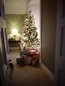 a christmas tree in a living room at Abbeyview House in Abbeyshrule