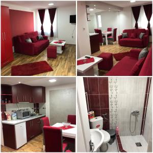 salon i kuchnia z czerwonymi meblami w obiekcie Studio Ivana 1 w mieście Sokobanja