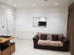 a living room with a brown couch and a mirror at Observation Court in Ipswich