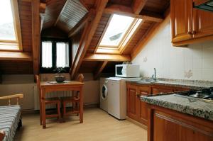 a kitchen with a sink and a washer and dryer at Casa Rural la Comella in Barruera