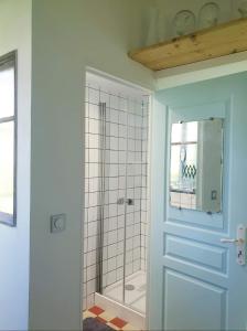 uma casa de banho com um chuveiro e uma porta azul em La petite maison du jardin d'Apollon em Dourdan