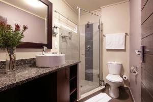 
a bathroom with a toilet a sink and a shower at Absolute Farenden Apartments in Pretoria
