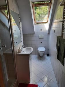 a small bathroom with a sink and a toilet at Majcia in Jelenia Góra