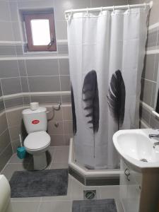 a bathroom with a toilet and a shower curtain with feathers at Kuca za uzivanje in Valjevo