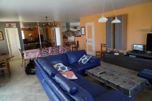 Chambre 3 BEZIERS VILLENEUVE في فيلنوف ليه بيزييه: غرفة معيشة مع أريكة زرقاء وطاولة