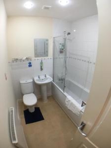 ein Badezimmer mit Toilette, Waschbecken und Dusche in der Unterkunft 4 Bedrooms, 3 Bathrooms, Comfy beds, 5 Netflix TVs & VAN PARKING in Boston