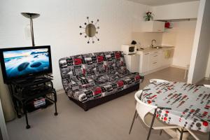 a living room with a couch and a television at Moderne studio met zeezicht naast Casino Blankenberge in Blankenberge