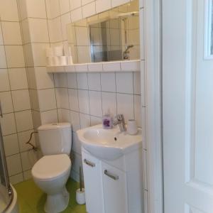 a bathroom with a toilet and a sink and a mirror at Centrum - Mala Apartamenty in Wejherowo