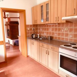 a kitchen with wooden cabinets and a stove top oven at Sněženka in Dolní Morava