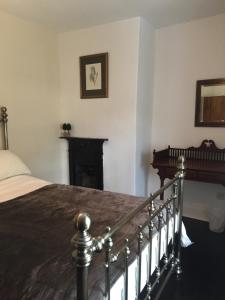 a bedroom with a bed and a fireplace at Mole Cottage in Stocksfield