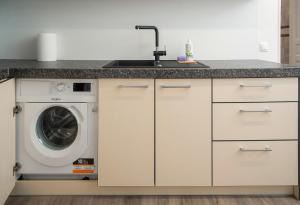 a kitchen with a washing machine and a sink at Laurentroom Central Park in Ukmergė