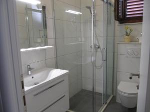 bagno con doccia, lavandino e servizi igienici di Villa Falcon a Podaca