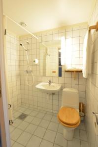 een badkamer met een toilet, een wastafel en een douche bij Finnholmen Brygge in Henningsvær