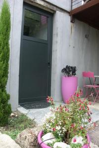 une porte rose d'une maison avec une plante rose dans l'établissement Maison d'Hôtes Côté Cour, à Rasteau