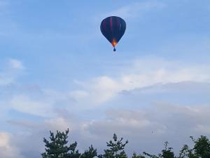 ein Heißluftballon fliegt am Himmel in der Unterkunft Dairy Cottage Luxury B&B in Attleborough