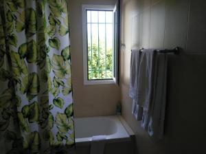 łazienka z zasłoną prysznicową i oknem w obiekcie 2 Calle las Azucenas w mieście Playa del Aguila