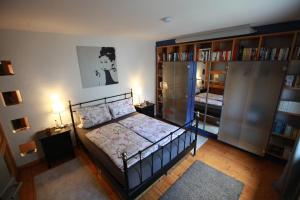 1 dormitorio con 1 cama y estanterías en Maison Marie, en Ubstadt-Weiher