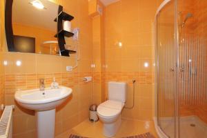 a bathroom with a toilet and a sink and a shower at Hotel Victoria in Borşa