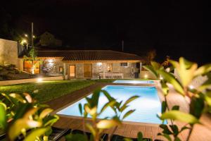 a swimming pool in front of a house at night at DreamVille - Casa da Tapada in Arcos de Valdevez