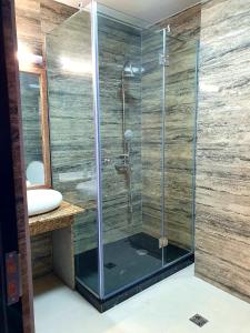 a shower with a glass door in a bathroom at Hotel Restaurant Elite in Drobeta-Turnu Severin