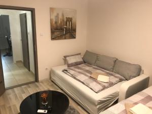 mały salon z kanapą i stołem w obiekcie Classic City Apartman w Segedynie +8 zdjęć
