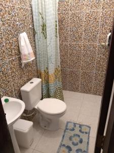 a bathroom with a toilet and a shower at Casa de Praia em Japaratinga-AL in Japaratinga