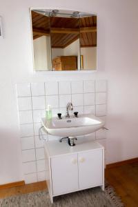 uma casa de banho com um lavatório e um espelho em Gasthaus Freihof 