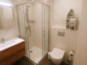 un bagno con doccia, WC e lavandino di Ferienwohnung MIA-LENA a Penzing