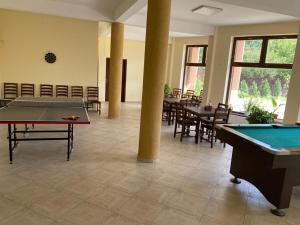 a room with a pool table and tables and chairs at Pensiunea Casa Soarelui in Şimian