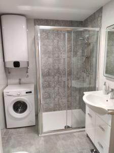 ein Bad mit einer Dusche und einer Waschmaschine in der Unterkunft White Studio Apartman in Pula