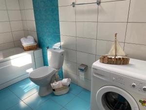 a bathroom with a washing machine and a toilet at Casa Andrei in 2 Mai +51 photos